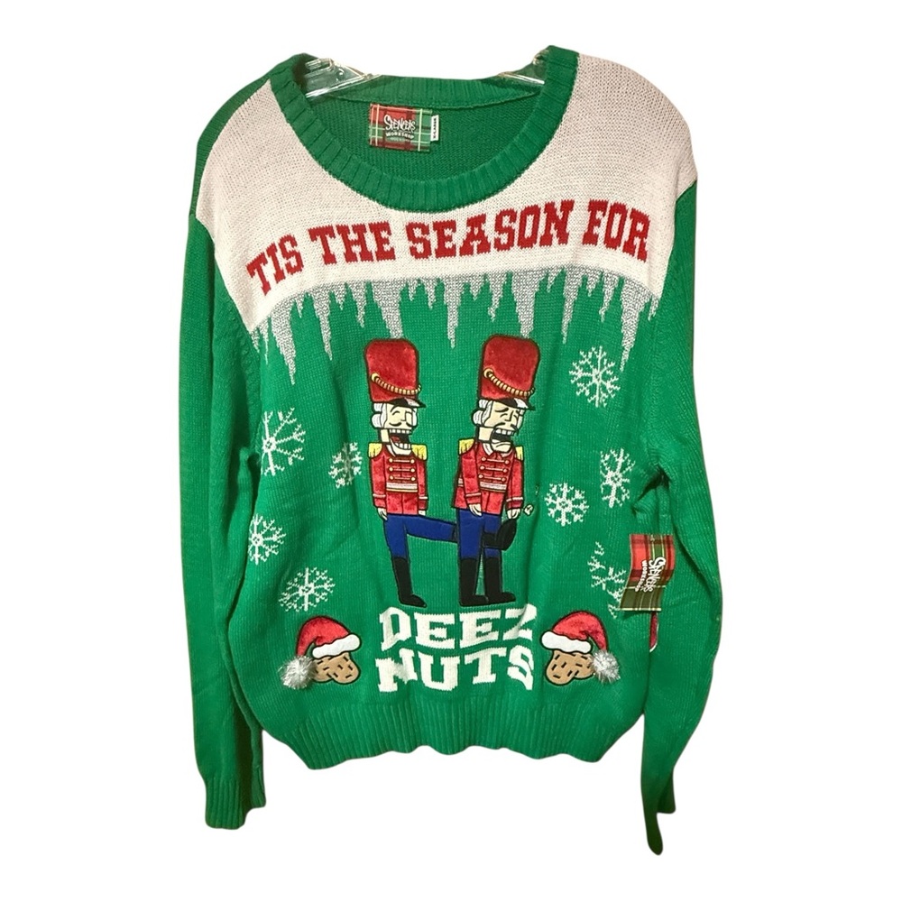 Spencer’s NWT Deez Nuts Ugly Christmas Sweater XL Funny‎ Nutcracker Green
